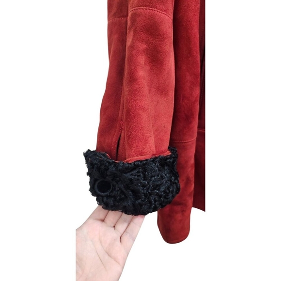 Vintage Red Suede Coat with Black Fur Trim Women’s Winter Jacket Size 40 - Picture 9 of 16